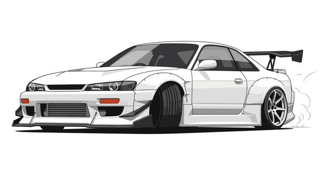 Stylized white sports coupe illustration featuring aggressive stance and smoke effects emphasizing high-performance visuals