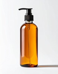 Amber Glass Bottle with Black Pump Dispenser on White Background in Studio Lighting