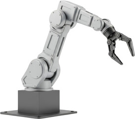 A modern industrial robotic arm with a gripper positioned on a square base isolated on black transparent background