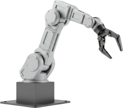 A modern industrial robotic arm with a gripper positioned on a square base isolated on black transparent background - Powered by Adobe