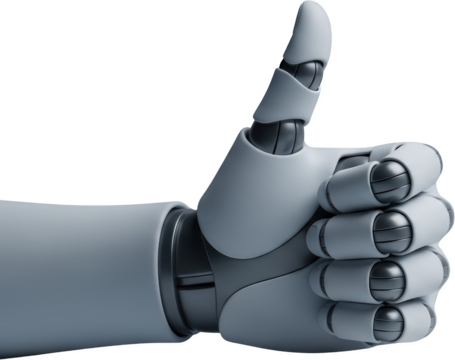 Robotic hand with thumb up gesture showing approval and success isolate Technology Future Artificial Intelligence