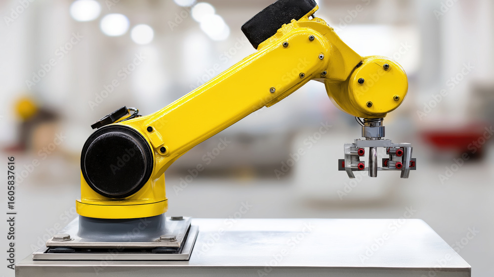 Poster industrial robotic arm in a factory setting performing precise tasks