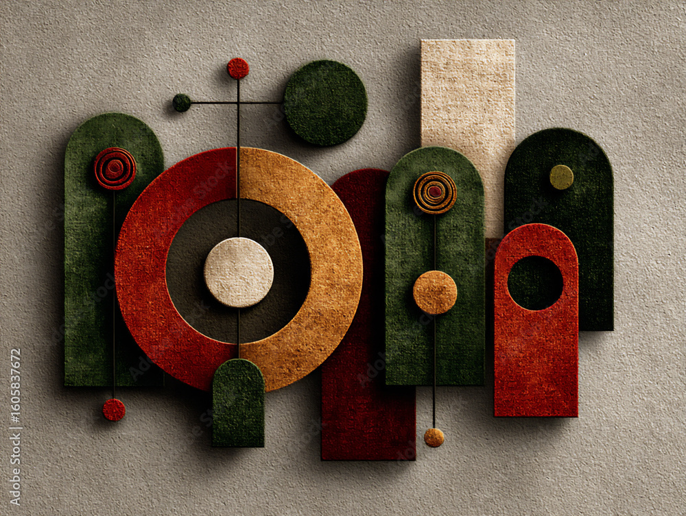 Poster minimalist composition of simple geometric forms in muted colors with strong negative space