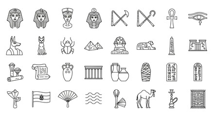 Collection of outlined Egyptian symbols and icons, including pharaohs, pyramids, hieroglyphs, gods, and other cultural artifacts.