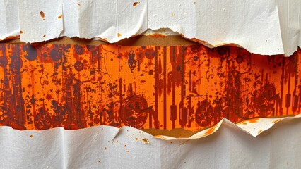 Urban decay in mixed media reveals striking contrast of vibrant orange against textured layers, showcasing beauty in imperfection