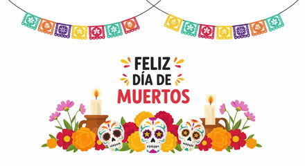 Colorful Day of the Dead Celebration Artwork with Skulls, Candles and Flowers Depiction