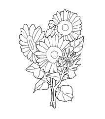 ひまわりの花束の線画イラスト