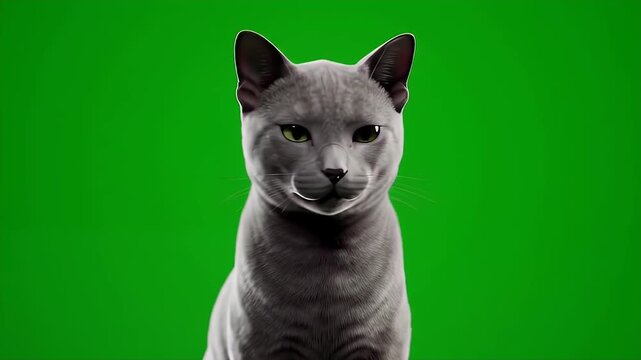Close Up of A Grey Cat Isolated by Green Screen For Seamless Integration