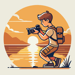 Cartoon Photographer Taking Picture at Golden Sunset Landscape with Orange Sky