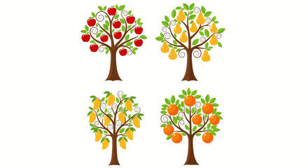 Obraz premium Four stylized fruit trees, each bearing a different fruit: apples, pears, mangoes, and oranges, against a white background.