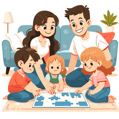 Happy Family Doing Jigsaw Puzzle Together on Carpet with Sofa and Plant