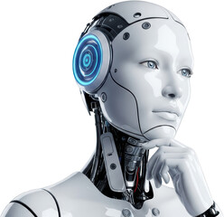 Futuristic humanoid robot with blue glowing eye detail and hand on chin Android Scifi Technology transparent background