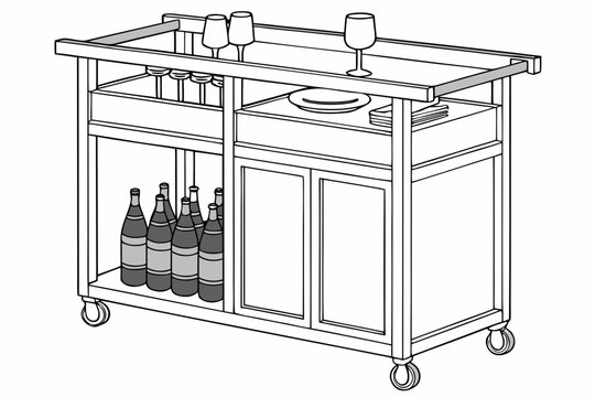 black and white bar cart with bottles and glasses clip art preview