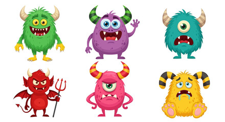 Obraz premium Six cartoon monsters are displayed, each with different colors, horns, expressions, and features, against a white background.