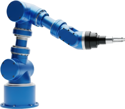 A blue industrial robotic arm with multiple articulated joints and a manipulator at the end ready to isolate transparent background