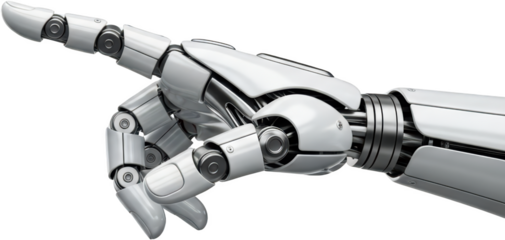 Advanced robotic arm with articulated digits and visible internal mechanisms pointing left transparent background