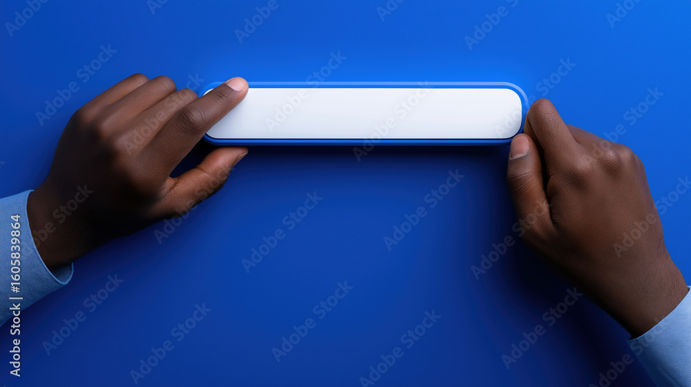 Poster user interacts with a sleek device on a vibrant blue surface in a modern setting