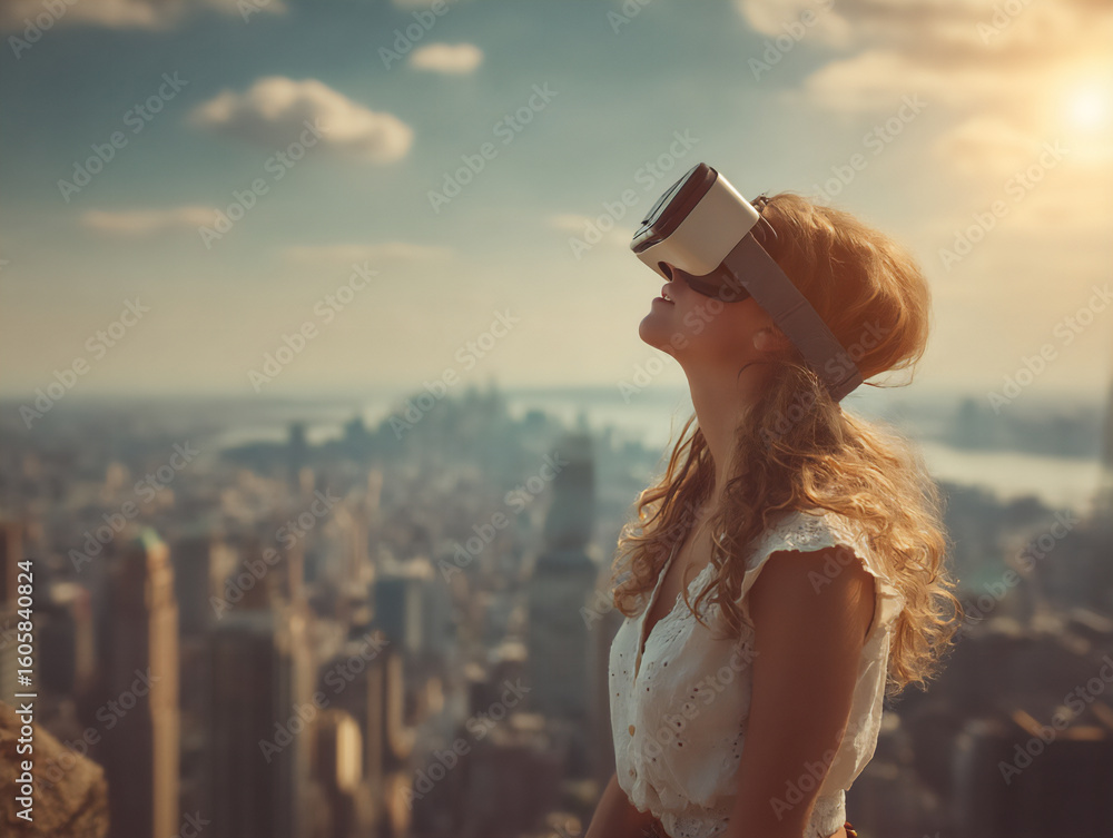 Poster a person confidently using a high-tech device to explore virtual reality