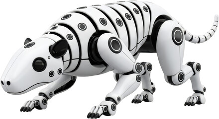 Advanced robotic dog with articulated joints and segmented body detailed white body black circular accents transparent background