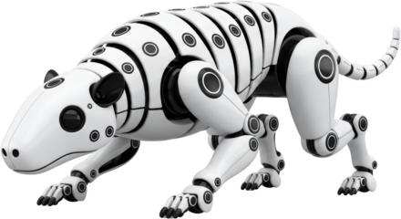 Advanced robotic dog with articulated joints and segmented body detailed white body black circular accents transparent background