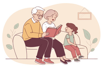 Grandparents reading a book to their granddaughter on the couch