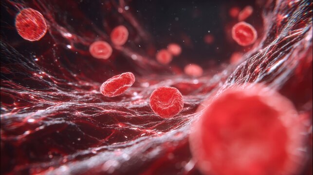 sequence depicting sluggish movement of hypochromic red blood cells inside veins emphasizing weakened oxygen transport.