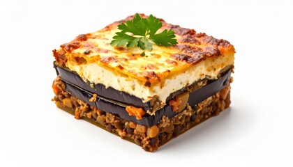 Close-up of a perfectly baked moussaka slice featuring layers of eggplant, meat, and bechamel sauce, garnished with parsley.