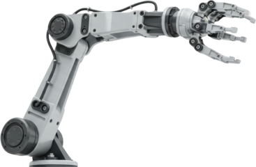 A detailed industrial robotic arm with a three fingered gripper articulating joints and cables transparent background