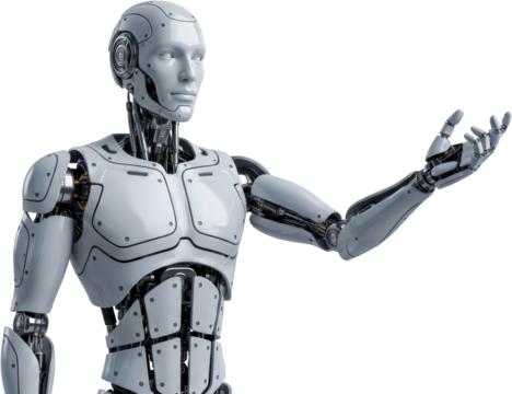 White humanoid robot with articulated arm extended presenting an open palm intricate mechanics visible isolate