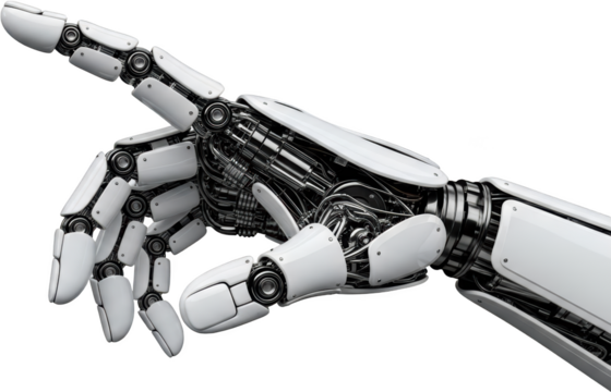 Detailed robotic arm with exposed internal wiring and white segmented plating pointing forward transparent background - Powered by Adobe