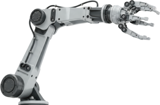 A detailed industrial robotic arm with a three fingered gripper articulating joints and cables transparent background