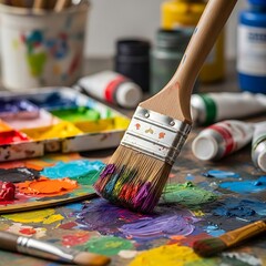 Fototapeta premium Colorful paintbrush on a vibrant 's palette.