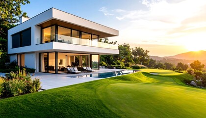 Magnificent modern villa with a lush green golf course under a radiant sunset