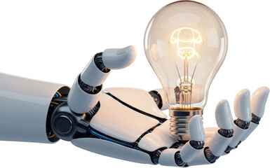Advanced robotic hand gently holding a glowing incandescent light bulb symbolizing innovation and intelligence transparent background