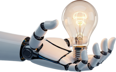 Advanced robotic hand gently holding a glowing incandescent light bulb symbolizing innovation and intelligence transparent background