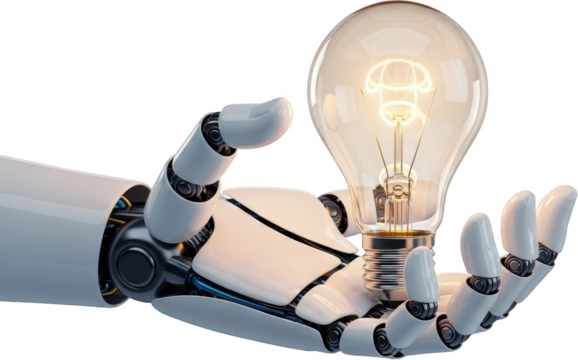 Advanced robotic hand gently holding a glowing incandescent light bulb symbolizing innovation and intelligence transparent background