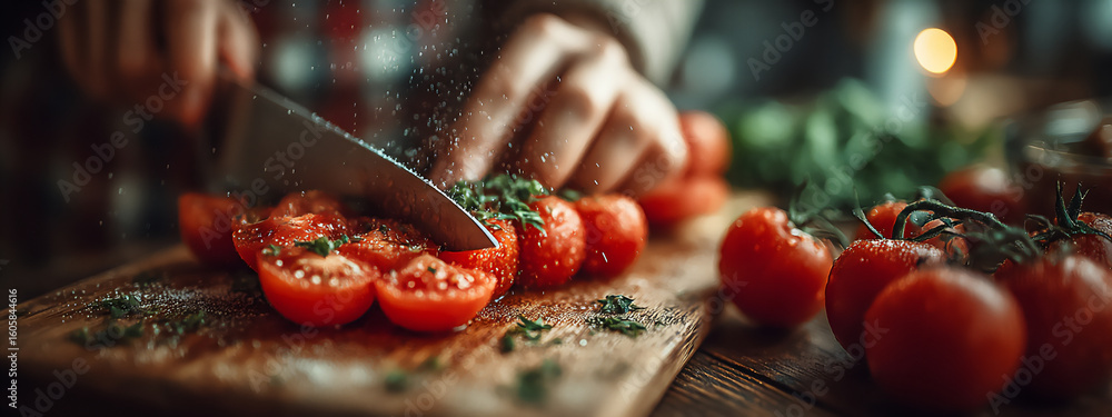 Poster close-up of hands effortlessly slicing through fresh vegetables with a sharp