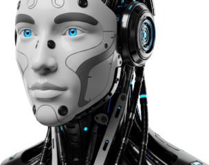 Realistic humanoid robot face with bright blue eyes and intricate mechanical neck details isolate