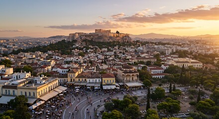 Fototapeta premium Skyline of Athens with Monastiraki square and Acropolis hill during summer sunny day before sunset. Athens - Scenic beauty in Greece