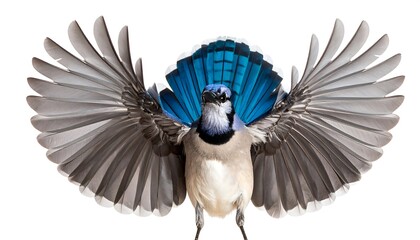 Majestic Blue Jay Exhibiting its Impressive Wing Span on a Seamless White Backdrop