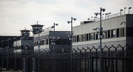 Exterior view of a correctional facility with security features.