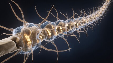 diagram highlighting nerve signal reduction along spine segments resulting in limb muscle atrophy and reduced motor function.