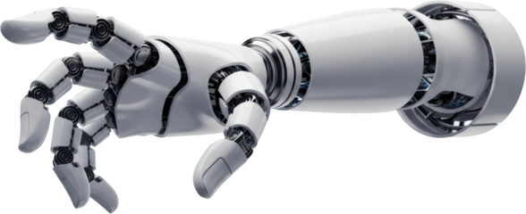 Advanced robotic arm with articulated fingers reaching out detailed mechanical construction transparent background
