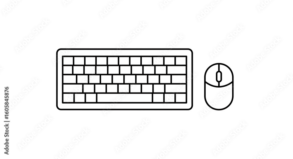 Poster simple black outline icon of a computer keyboard and mouse. minimalist line art vector representing 