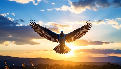 Majestic bird soars through a vibrant sky, illuminated by the glowing sunset behind the mountains