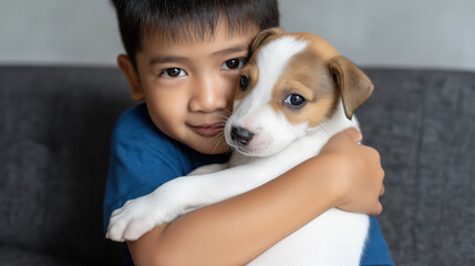 Young boy happily cuddles a puppy on a cozy couch at home during daytime
