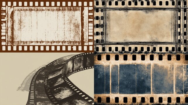 Grunge-textured film strips, aged and worn, in various orientations; some blank, some with faded rectangular frames, showing signs of wear and tear, scratches, and discoloration - Powered by Adobe