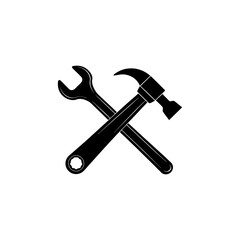 A vintage-style, rough-textured silhouette of a hammer and a crossed combination wrench. Ideal for construction, carpentry, or renovation services brand identities.