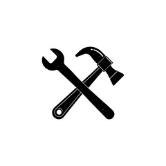 A vintage-style, rough-textured silhouette of a hammer and a crossed combination wrench. Ideal for construction, carpentry, or renovation services brand identities.