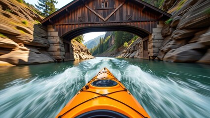 Stunning drone view of kayak gliding through serene mountain landscape, showcasing beauty of nature and adventure